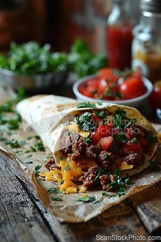 Image of Mexican burrito with beef, beans and sour cream