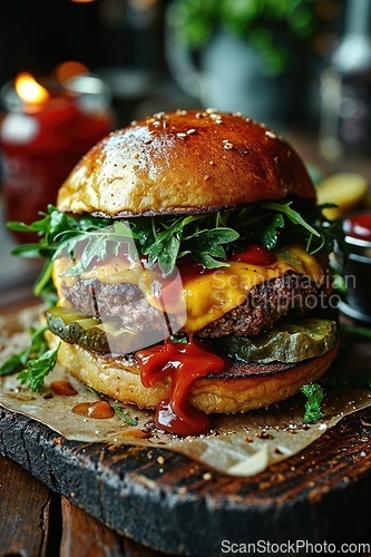 Image of Close-up of home made tasty burger on wooden table