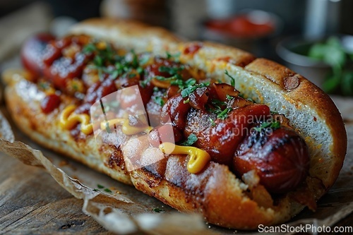 Image of Hotdog with a large sausage filled with ketchup and mustard