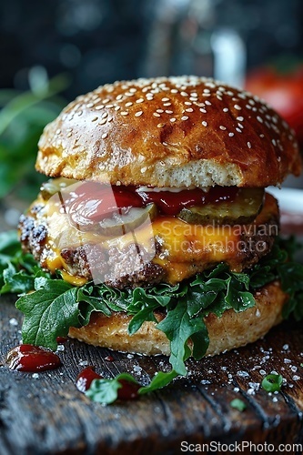 Image of Tasty cheeseburger on wooden tray, spices and vegetables near it