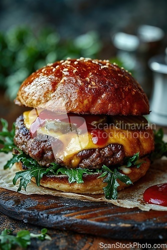 Image of Tasty cheeseburger on wooden tray, spices and vegetables near it