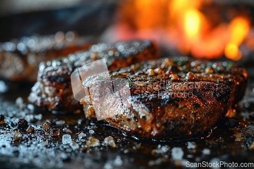 Image of Large juicy beef rib eye steak on a hot grill