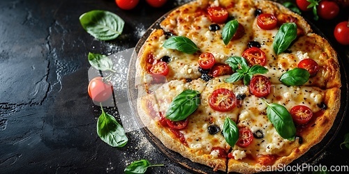 Image of Delicious homemade pizza on black wooden table