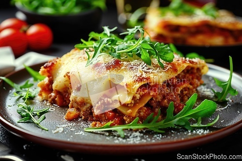 Image of Homemade lasagna slice with minced beef bolognese and bechamel sauce