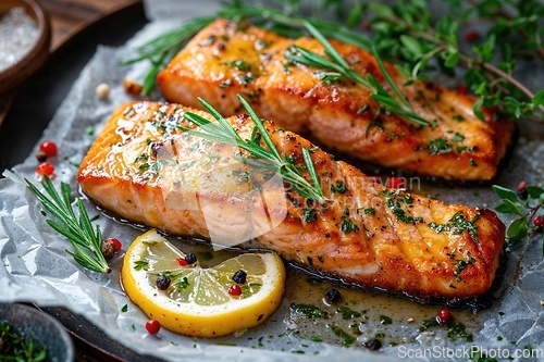 Image of Tasty and fresh cooked salmon fish fillet with lemon and rosemary