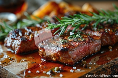 Image of Grilled medium rib eye steak with rosemary and tomato