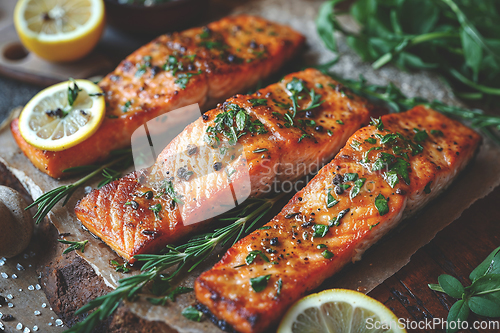 Image of Tasty and fresh cooked salmon fish fillet with lemon and rosemary