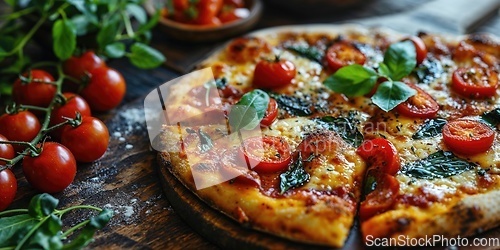 Image of Margherita pizza topped with tomato sauce, mozzarella cheese