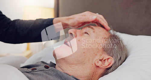 Image of Elderly woman caring her husband in bed with love, care and marriage at modern home together. Sick, recover and senior couple in retirement with illness in bedroom of hospice, nursing center or house