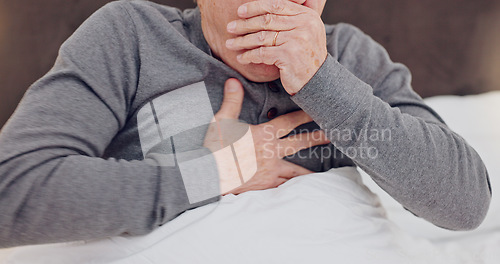 Image of Sick, cough and closeup of senior man in bed with allergies, flu or cold on weekend morning at home. Illness, chest pain and zoom of elderly male person in retirement with asthma in bedroom at house.