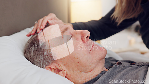 Image of Senior woman caring her husband in bed with love, care and marriage at modern home together. Sick, recover and elderly couple in retirement with illness in bedroom of hospice, nursing center or house