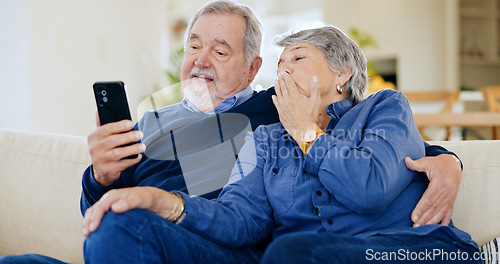 Image of Home, internet and senior couple with cellphone, love and connection with social media, talking and post. People, mature man and old woman with smartphone, online reading and typing with mobile user