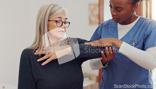 Image of Physical therapy, senior woman and injury check at a retirement home for wellness and healthy. Medical, worker and caregiver with elderly consultation at clinic with help and support of chiropractor