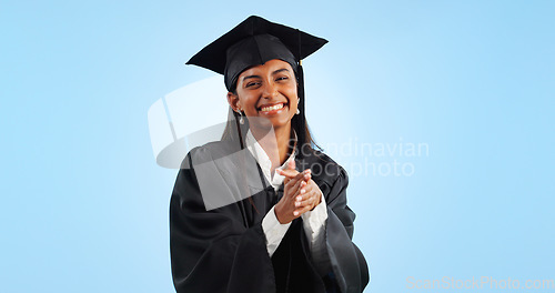 Image of Graduation, education achievement and woman in portrait for success in learning on blue background. Mockup space, celebration and university graduate, certified with pride and knowledge in studio