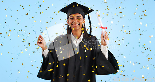 Image of Graduation, certificate and woman in portrait, confetti or pride in studio for success by blue background. Graduate student, diploma or glitter for award, celebration or paperwork for future college