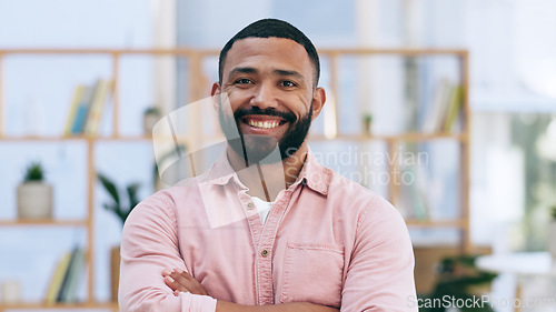 Image of Portrait, business and man with in a workplace, arms crossed and career with success, employee and agency. Face, Mexican person and consultant with a smile, entrepreneur and worker with a startup