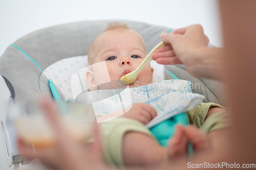 Image of Mother spoon feeding her baby boy infant child in baby chair with fruit puree. Baby solid food introduction concept.