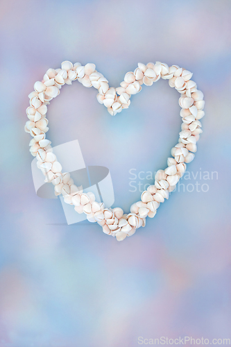 Image of Heart Shaped Cockle Shell Wreath on Rainbow Sky Background