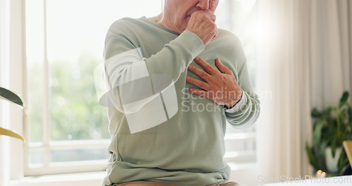 Image of Coughing, sick and a person feeling chest for pain, heart attack or health problem at home. Healthcare, covid and a man with a cold, flu or virus of the lungs, infection or symptom of a disease