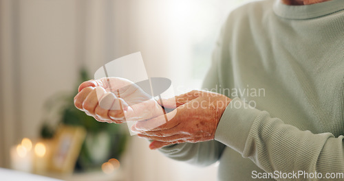 Image of Hands, check pulse and heart rate, health and senior person with cardiovascular healthcare. Help, support and medical aid, closeup and monitor heartbeat with cardiology and elderly care for wellness