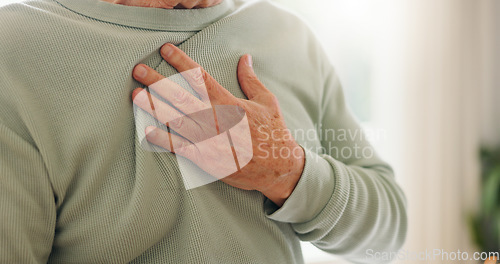 Image of Heart attack, cardiology and person hand on chest with pain, sick and cardiovascular closeup. Indigestion, heartburn and health with wellness, elderly care with medical issue and hypertension