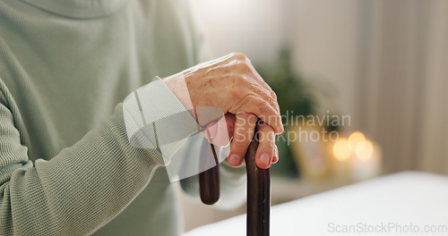 Image of Hands, elderly and walking stick, person with a disability and mockup space with closeup. Senior care, cane to help with balance and support with Parkinson disease or arthritis, sick and health issue