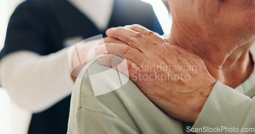 Image of Closeup, holding hands and nurse with old man, empathy and support with retirement, healthcare and home. Elderly person, caregiver and senior pensioner with hope, comfort and sympathy with trust