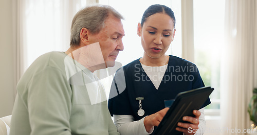 Image of Elderly man, tablet and nurse consultation, healthcare and reading health exam results, test data or assessment. Listening patient, nursing home support and caregiver show client senior care report