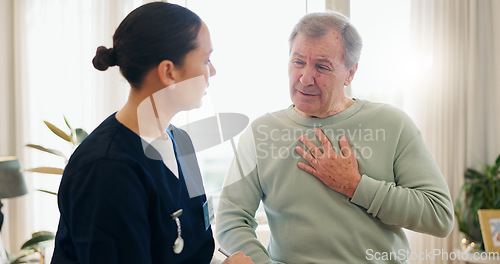 Image of Senior man, nurse and talk on chest pain, heart problem or cardiovascular lung fail, tuberculosis risk or cancer crisis. Hypertension consultation, medical caregiver and helping sick elderly patient