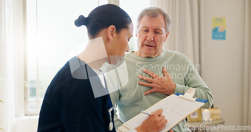 Image of Nurse, clipboard and senior man with heart pain, chest problem or cardiovascular lung fail, tuberculosis risk or cancer. Hypertension, asma and caregiver writing notes, health survey or ask questions