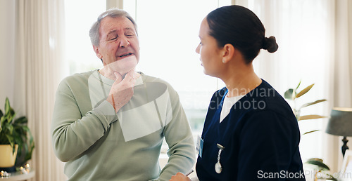 Image of Throat, nurse and senior man with a disease, sick and cold with virus, illness or inflammation. Pensioner, old person or mature guy with caregiver, professional or healthcare with medicare or thyroid