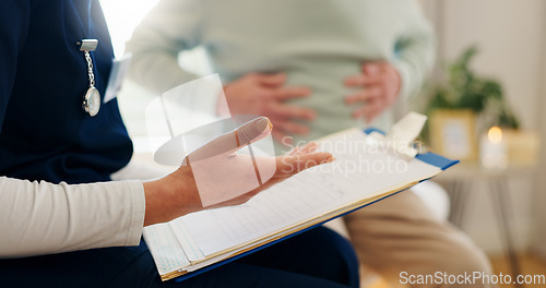 Image of Paperwork, clipboard and hands, health insurance and people at clinic with patient info and doctor. Medical aid, document or form with surgery consent letter, help in consultation and healthcare