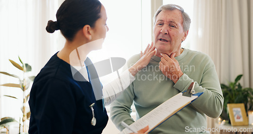 Image of Nurse, clipboard or senior man with neck pain, throat cancer or check laryngitis problem, anatomy assessment or symptoms. Consultation, patient or caregiver test, exam or expert with healthcare notes