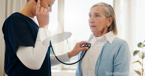 Image of Elderly woman, nurse or stethoscope for healthcare, examination or chest problem at hospital or clinic. Medical, senior person and caregiver or professional for lung health, heart check or cardiology