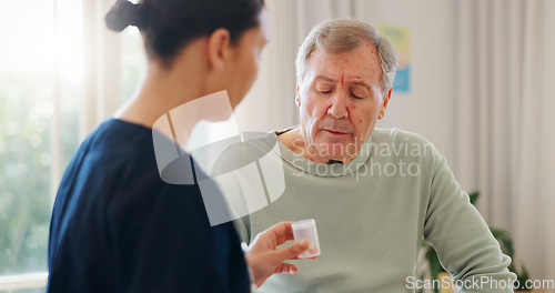 Image of Pills bottle, elderly man and caregiver explain product info, wellness medicine or prescription drugs. Sick patient, consultation or nurse advice on pharmaceutical, vitamins or healthcare supplements