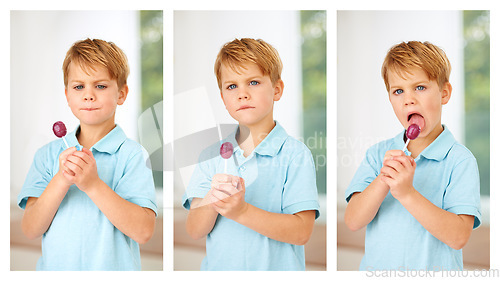Image of Child, boy and portrait candy lollipop composite for sucker reward snack, lunch dessert or youth joy. Kid, face and fun eating or hungry collage tongue for junk food, bad diet or party sugar sweets