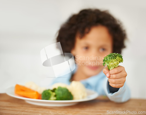 Image of Boy, broccoli and vegetables plate unhappy for healthy nutrition meal, diner fail or frustrated eating. Male, kid and disappointed upset lunch or fibre diet dislike child, cauliflower snack or carrot