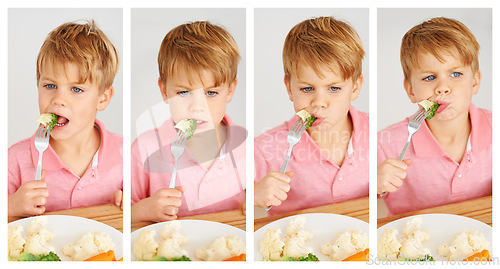 Image of Food, wellness and child eating vegetables for a healthy, growth and health diet at his home. Nutrition, dinner and boy kid by a dining table with produce lunch, snack or meal at his modern house.