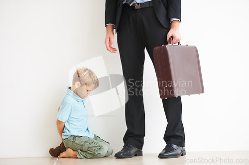 Image of Man, work and child on floor with sad, love and care by businessman for fear, anxiety and tantrum. Father, tired and professional career in house to help, support and burnout kid in mental health