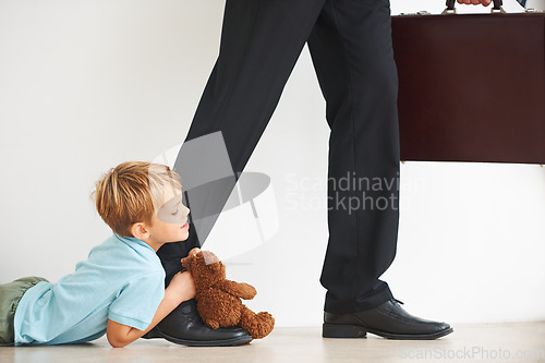 Image of Sad, child and businessman to leave for work, tantrum and closeup with anxiety, stress or mental health. Father, kid or begging on floor to stop dad, corporate worker and professional accountant
