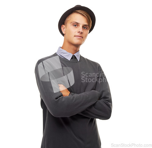 Image of Portrait, man and hipster with arms crossed, confident guy and employee isolated on a white studio background. Face, person and model with formal clothes, hat and stylish outfit with comfort or proud