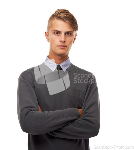 Image of Portrait, business and man with arms crossed, employee and confident guy isolated on a white studio background. Face, person and consultant with startup, entrepreneur and style with agent and worker