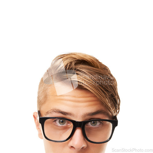 Image of Glasses, half face and portrait of man in a studio for vision, health and optical wellness. Optometry, nerd and confident young male person with spectacles or eyewear isolated by white background.