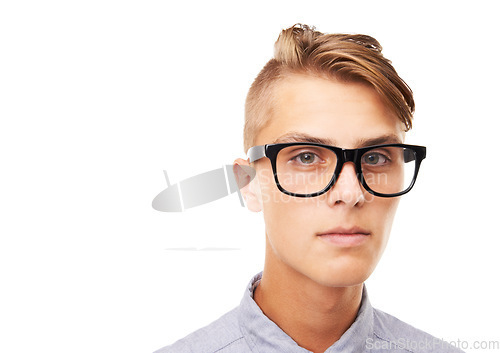 Image of Glasses, optometry and portrait of man in a studio with confused, doubt or squinting facial expression. Vision, health and young male person with spectacles or eyewear isolated by white background.