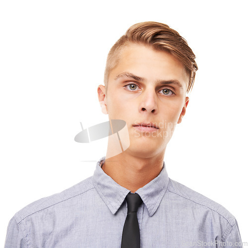Image of Corporate, intern and portrait of man at work for law firm on white background in studio. Lawyer, internship and face of confident attorney in a tie or professional businessman mockup and space