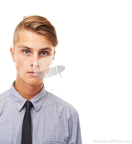 Image of Corporate, internship and portrait of man at work for law firm on white background in studio. Lawyer, intern and face of confident attorney in a tie or professional businessman in mockup and space