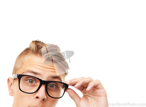 Image of Spectacles, half face and portrait of man in a studio with confused, doubt or squinting facial expression. Optometry, health and young male person with glasses or eyewear isolated by white background