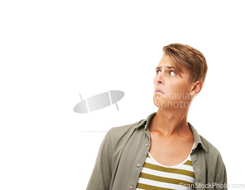 Image of Surprise, mockup and shocked man in studio with announcement, news or promo on white background. Space, wow and male model with unexpected information, giveaway or review, deal or competition results