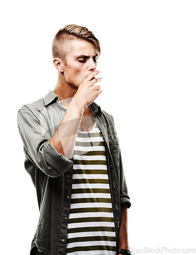 Image of Model, studio and man smoking a cigarette for stress, toxic addiction or unhealthy habit to relax. Dangerous, smoker or male person in Germany to inhale tobacco isolated by a white background alone