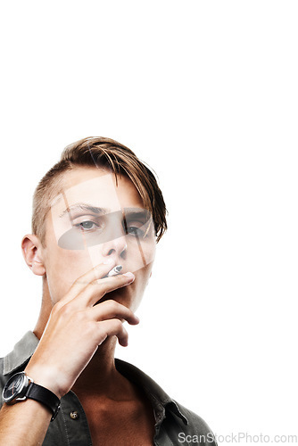 Image of Portrait, mockup or man smoking a cigarette for stress, toxic addiction or unhealthy habit to relax. Dangerous, smoker or male person in Germany to inhale tobacco on white background or studio space